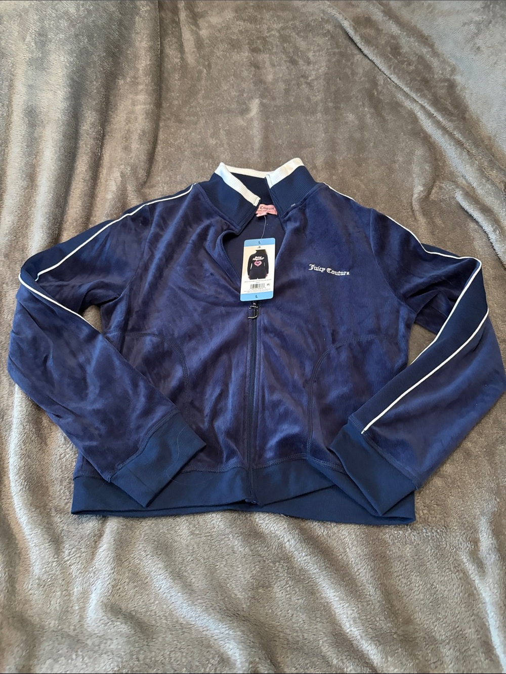 Juicy Couture Navy Velour Kids' Track Jacket with White Piping